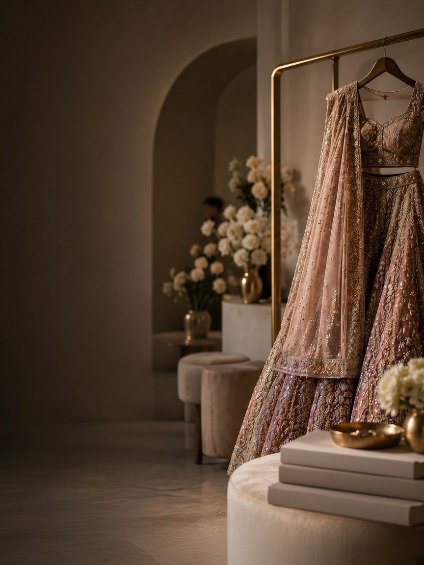 Embellished lehenga hanging in a warm boutique interior